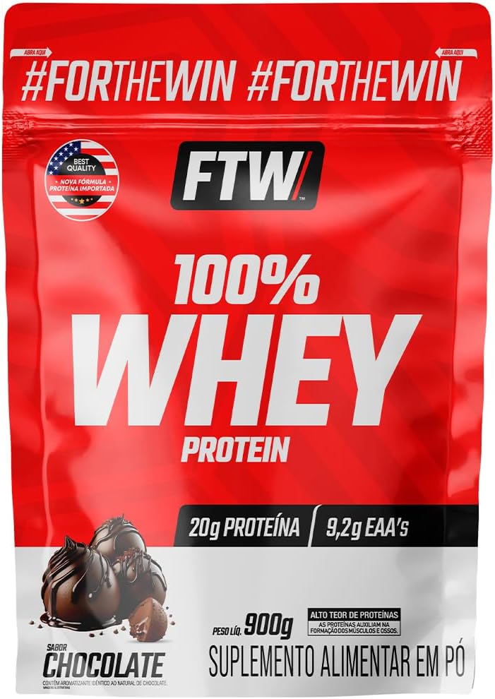 FTW 100% Whey Protein com Proteína Concentrada WPC, Suplemento Alimentar Pós-Treino em Pó com Fonte de Proteína do Soro do Leite, Alto Valor Biológico, Sem Glúten – Refil 900g (Sabor Chocolate)
