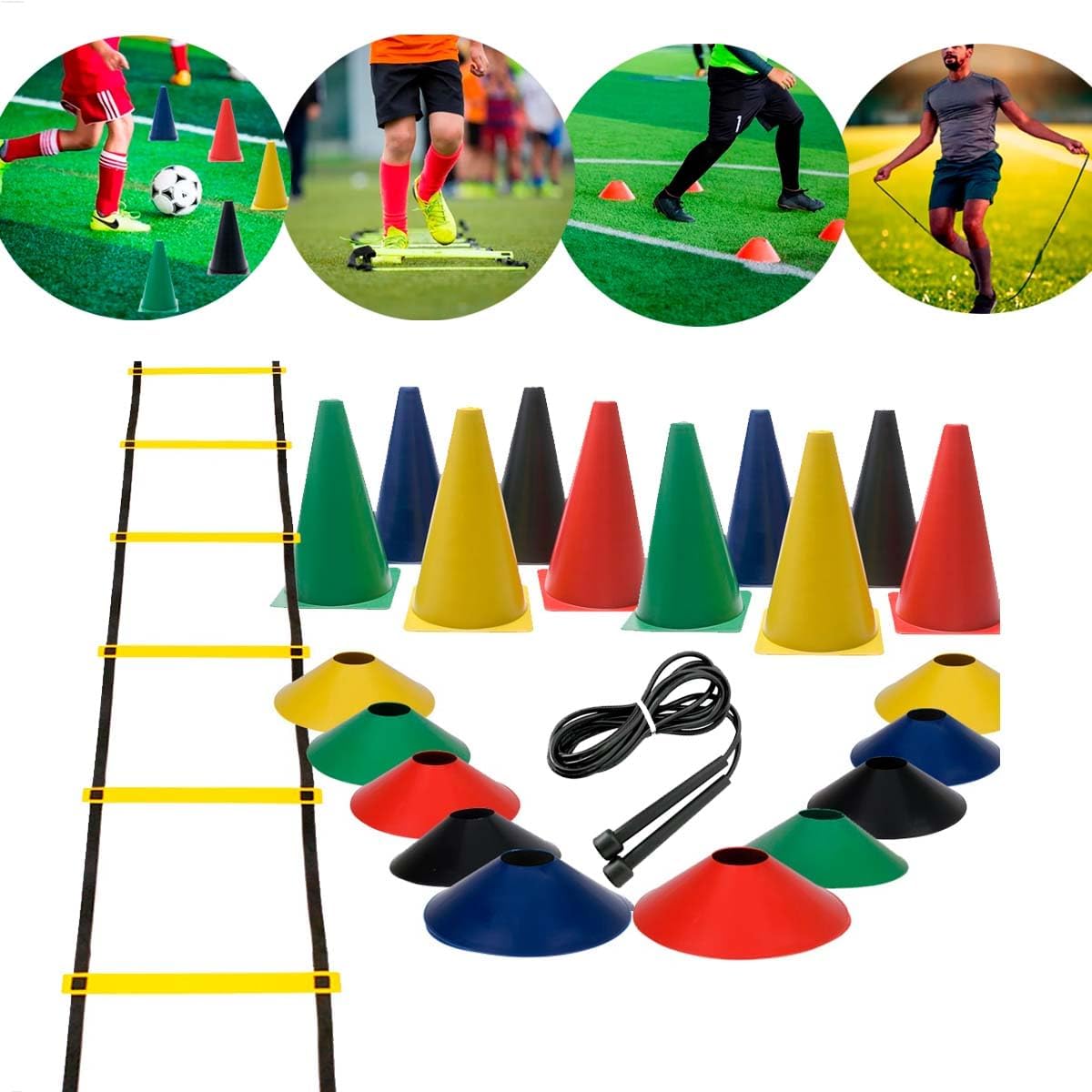 Kit Funcional Escada + Corda + 10 Pratos + 10 Cones Treino, Cones Academia, Chapéu Chinês, Escada de Agilidade, Corda de Pular, Kit Musculação, Kit Futebol, Treino Futebol