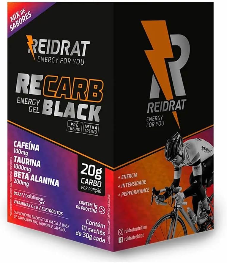 Reidrat Recarb Energy Gel Black Sabores Sortidos Caixa Com 10 Sachês De 30G (300G) Carboidrato Em Gel Bebida Energética Com Cafeína Taurina E Beta Alanina Carboidratos Eletrólitos