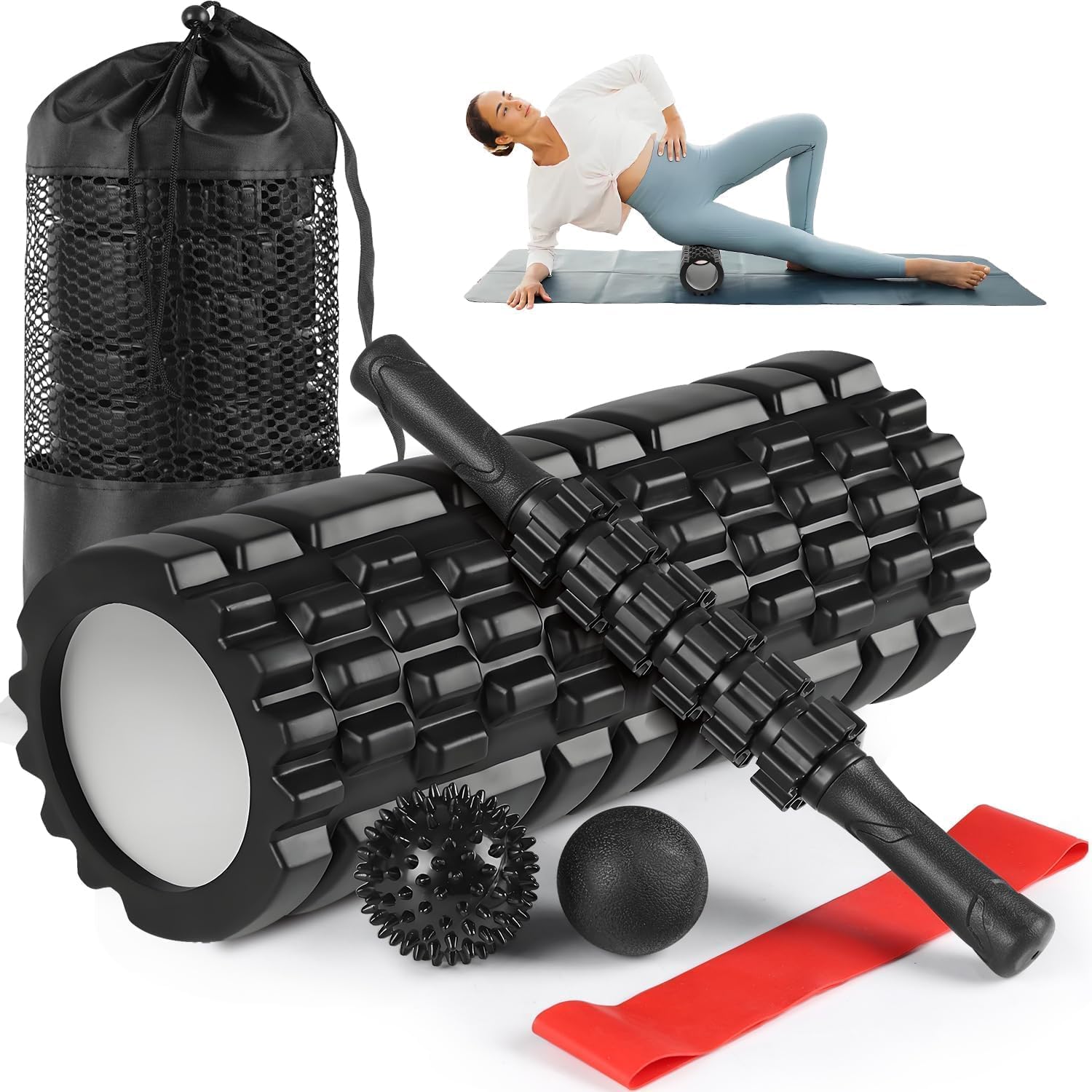 Kit Liberação Rolo Massagem Miofascial 6 em 1, Rolo, Bastão, Bola Lisa e Cravo, Faixa Mini Band e Bolsa – Alívio de Dores, Relaxamento Muscular, Pós-Treino, Pilates, Yoga, Crossfit, Fisioterapia, Exercicios