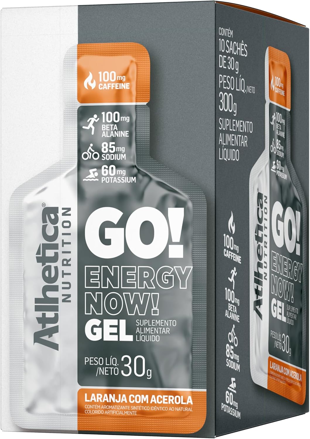 Atlhetica Nutrition GO ENERGY NOW GEL (10 sachês de 30g) Laranja com Acerola, Cor: Multicolorido.