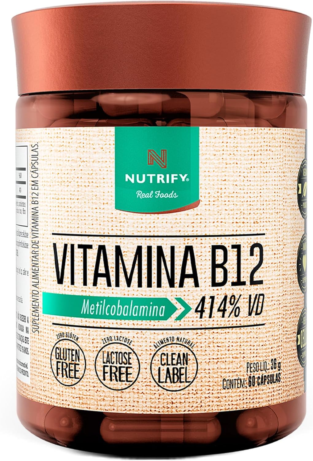 Nutrify – Vitamina B12 – Metilcobalamina 414% VD – Multivitamínico – Suplemento Alimentar para o Metabolismo Energético – Vegano e Livre de Aditivos Artificiais – 60 Cápsulas