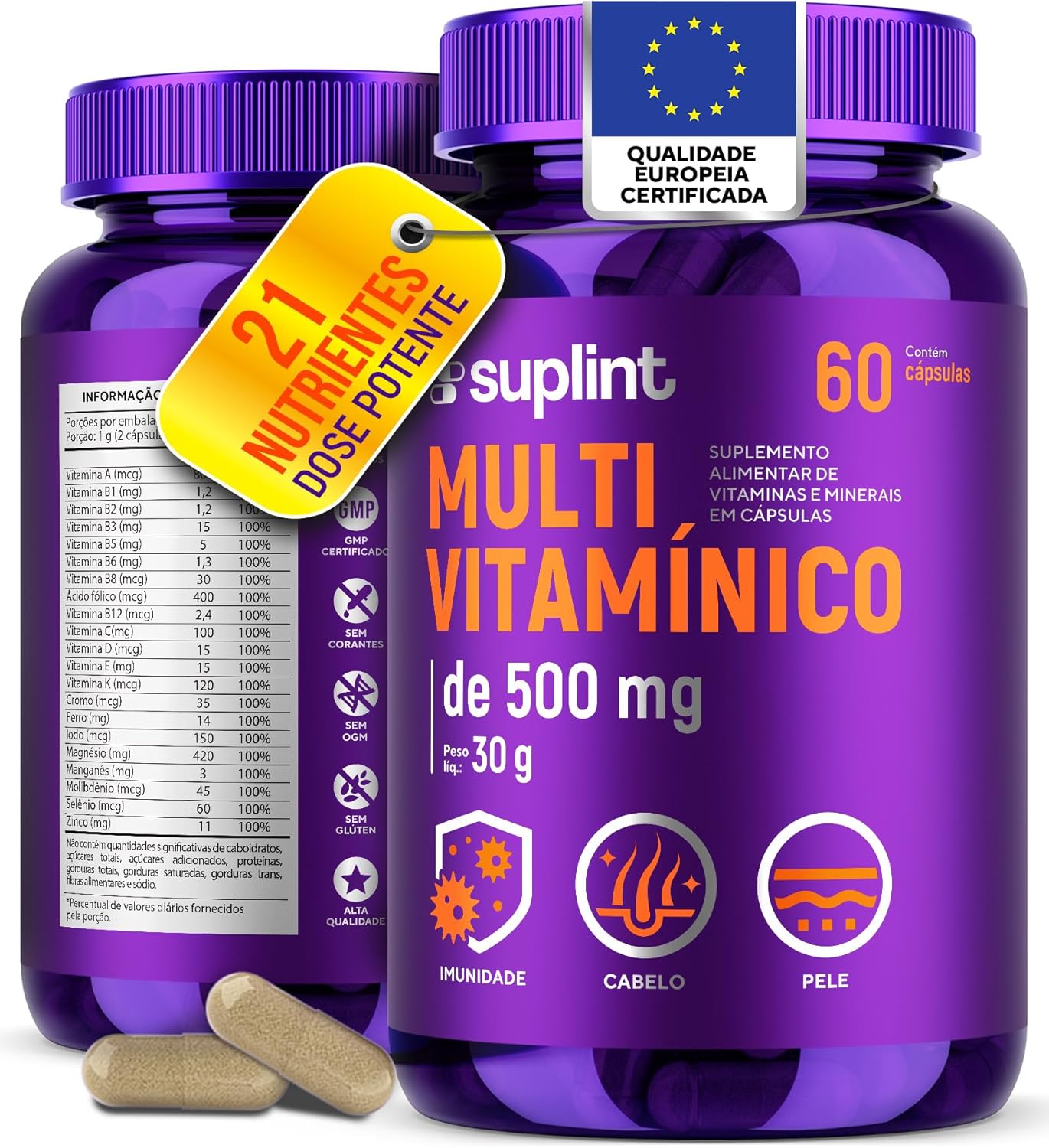 Multivitamínico 500 MG com Vitaminas A, C, D3, E, K1, Complexo B, Zinco e Cromo | 21 Ingredientes em Cápsulas Veganas | Para Adultos | Desenvolvido na Holanda | 60 Cápsulas