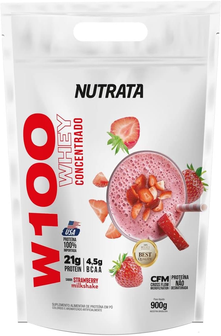 Nutrata W100 Whey Concentrado – 900G Refil Strawberry Milkshake –