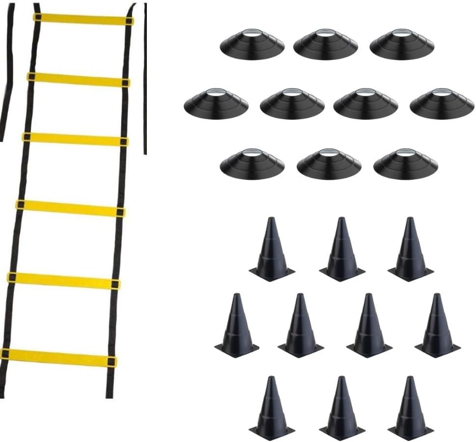Kit Funcional Agilidade Preto Treinamento Treino Futebol Futsal 10 Cones 10 Chapéu Chinês Escada 7 Degraus