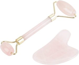 Rolo de Massagem de Quartzo Rosa – Cabeça Dupla Natural, Pedra de Jade, Placa de Raspagem, Kit de Ferramentas Faciais para Massagem Acupoint