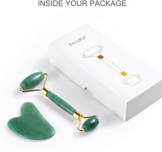 Rolo de jade para rosto, conjunto de pedras faciais naturais de jade, massageador de pele com ferramentas de raspagem Gua Sha