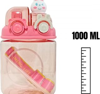 Garrafa Infantil 1L com Canudo e Trava – Squeeze Bichos com Alça Regulável – Livre de BPA – Sapo, Gato, Tigre (VERDE)