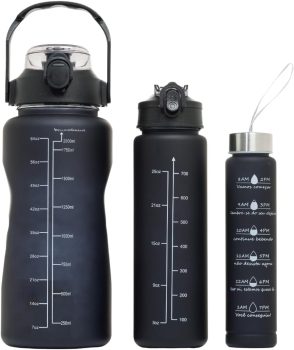 Kit 3 Garrafa de Água Motivacional Garrafa Squeeze 2 Litros Com Canudo, Alça e Tampa Antivazamento (Preto)