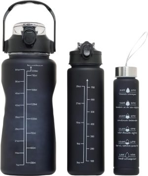 Kit 3 Garrafa de Água Motivacional Garrafa Squeeze 2 Litros Com Canudo, Alça e Tampa Antivazamento (Preto)