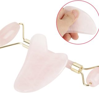 Rolo de Massagem de Quartzo Rosa – Cabeça Dupla Natural, Pedra de Jade, Placa de Raspagem, Kit de Ferramentas Faciais para Massagem Acupoint