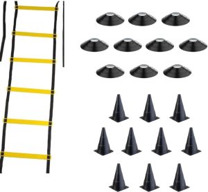 Kit Funcional Agilidade Preto Treinamento Treino Futebol Futsal 10 Cones 10 Chapéu Chinês Escada 7 Degraus