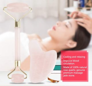 Rolo de Massagem de Quartzo Rosa – Cabeça Dupla Natural, Pedra de Jade, Placa de Raspagem, Kit de Ferramentas Faciais para Massagem Acupoint