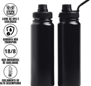 Garrafa de Água Térmica Aço Inox Esportiva Academia Isolada a Vácuo Aço Inox 304 de 800ml (PRETA 1321)