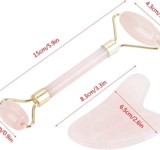 Rolo de Massagem de Quartzo Rosa – Cabeça Dupla Natural, Pedra de Jade, Placa de Raspagem, Kit de Ferramentas Faciais para Massagem Acupoint
