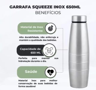 Garrafa Squeeze De Inox Design Moderno 650ml Ideal Para Academia Esportes E Trabalho