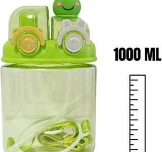 Garrafa Infantil 1L com Canudo e Trava – Squeeze Bichos com Alça Regulável – Livre de BPA – Sapo, Gato, Tigre (VERDE)