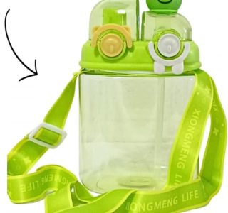 Garrafa Infantil 1L com Canudo e Trava – Squeeze Bichos com Alça Regulável – Livre de BPA – Sapo, Gato, Tigre (VERDE)