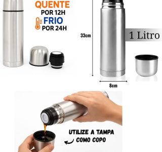 Garrafa Térmica Inox 1 L termo Parede Dupla Click Fast Tampa Copo Mantém Bebidas Quentes 12 h e Frias 24 h Boca Larga