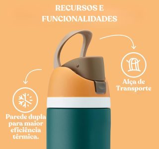 Garrafa Térmica de Água 710ml com Tampa 2 em 1 – Antivazamento, Parede Dupla, Com Alça e Tampa com Trava (Verde Água)