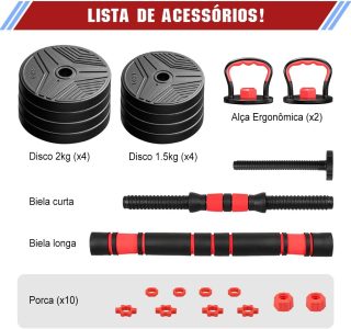 Kit Haltere 6 em 1 Ajustável para Musculação – 15kg Preto – Multifuncional com Barra e Kettlebell