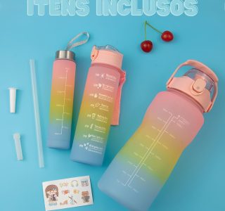 Kit 3 Garrafa de Água Motivacional Garrafa Squeeze 2 Litros Com Canudo, Alça e Tampa Antivazamento (Preto)