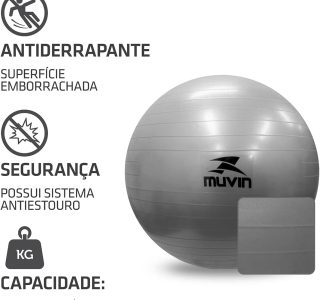 Bola de Pilates 65cm Muvin – Antiestouro – Suporta até 300kg – Com Bomba – Ginástica – Fitness – Pilates – Yoga – Fisioterapia – Flexibilidade – Fortalecimento – Tonificação –– Fácil Limpeza