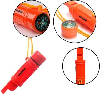 Apito de emergência com cordão segurança apito sobrevivência para pesca barco acampamento caça camping trilhas resgate salva-vidas, apito pederneira espelho e bússola 4 em 1