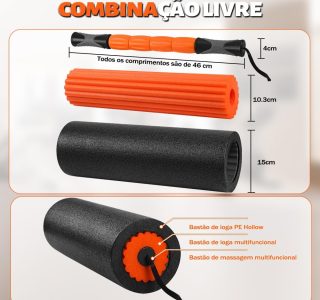 Rolo Liberação 3 em 1, Kit Liberação Miofascial Laranja e Preto com Bastão e Acessórios
