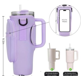 Bolsa Porta Garrafa, Squeeze, Copo Térmico Com Alça Ajustável Shoulder Bag com bolso para celular, de neoprene, com alça ajustável, tampa para canudo e mosquetão (Lilas)