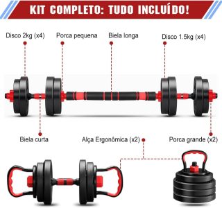 Kit Haltere 6 em 1 Ajustável para Musculação – 15kg Preto – Multifuncional com Barra e Kettlebell