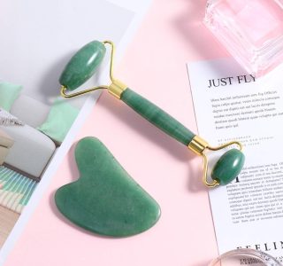 Rolo de jade para rosto, conjunto de pedras faciais naturais de jade, massageador de pele com ferramentas de raspagem Gua Sha