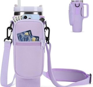Bolsa Porta Garrafa, Squeeze, Copo Térmico Com Alça Ajustável Shoulder Bag com bolso para celular, de neoprene, com alça ajustável, tampa para canudo e mosquetão (Lilas)