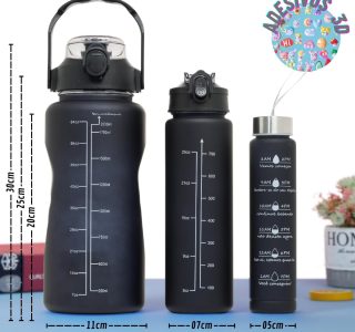 Kit 3 Garrafa de Água Motivacional Garrafa Squeeze 2 Litros Com Canudo, Alça e Tampa Antivazamento (Preto)