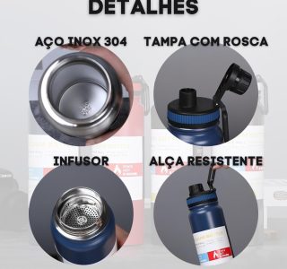 Garrafa de Água Térmica Aço Inox Esportiva Academia Isolada a Vácuo Aço Inox 304 de 800ml (PRETA 1321)
