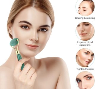 Rolo de jade para rosto, conjunto de pedras faciais naturais de jade, massageador de pele com ferramentas de raspagem Gua Sha