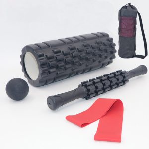 Rolo massagem liberação miofascial 5×1 foam roller com bastão massagem e bola lacrosse e mini band com bolsa pra carregar(preto)