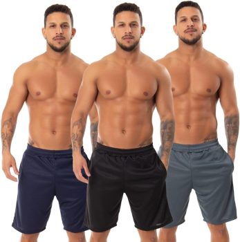 Kit 3 Bermuda Esportiva Academia Corrida Treino Bolso Lisa Masculina