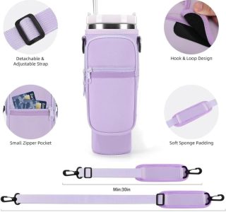 Bolsa Porta Garrafa, Squeeze, Copo Térmico Com Alça Ajustável Shoulder Bag com bolso para celular, de neoprene, com alça ajustável, tampa para canudo e mosquetão (Lilas)