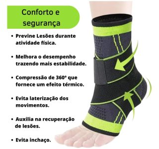 Tornozeleira Compressão Estabilizadora Ortopédica Elástica Ajustável (Preto e Verde)