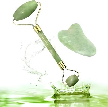 Massageador Facial 2 Em 1 Rolo de Jade + Pedra Gua Sha Redução de Rugas e Estresse Anti Rugas Anti Estresse Para um Skincare Completo Linha Premium