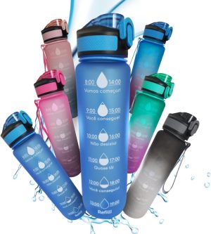 Garrafa de água de 1L Squeeze TIE DYE, livre de BPA e tóxicos à prova de vazamentos, motivacional com horários para beber com canudo alça, esportes fitness, academia, ao ar livre (Verde)