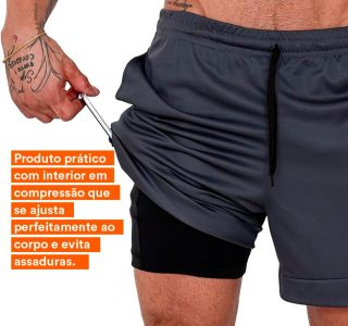 Shorts Duplo Masculino 2 em 1 Bermuda Dry Fit Treino Calção com Bolso Celular Academia Fitness Musculação CLICK MAGAZINE