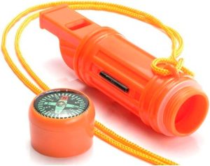 Apito de emergência com cordão segurança apito sobrevivência para pesca barco acampamento caça camping trilhas resgate salva-vidas, apito pederneira espelho e bússola 4 em 1