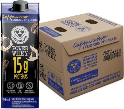 3 Corações Bebida Láctea Cappuccino Power Whey Cookies n’Cream 15g de Proteína com Cafeína 250ml – 12 unidades
