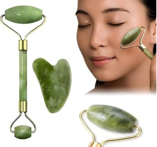 Massageador Facial 2 Em 1 Rolo de Jade + Pedra Gua Sha Redução de Rugas e Estresse Anti Rugas Anti Estresse Para um Skincare Completo Linha Premium