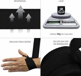 Bandagem Elástica Muvin 3 Metros Com Fechamento em Fecho de Contato e Alça Para Polegar – Atadura de Proteção Para Mãos e Punhos – Faixa de Boxe – Muay Thai – MMA – Artes Marciais – Treino – Unissex