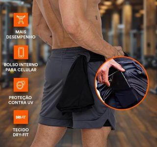 Shorts Duplo Masculino 2 em 1 Bermuda Dry Fit Treino Calção com Bolso Celular Academia Fitness Musculação CLICK MAGAZINE