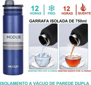 MODUS Garrafa de Água Térmica Inox Esportiva Academia Isolada a Vácuo Aço Inox 750ML (Azul Profundo)