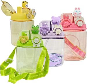 Garrafa Infantil 1L com Canudo e Trava – Squeeze Bichos com Alça Regulável – Livre de BPA – Sapo, Gato, Tigre (VERDE)